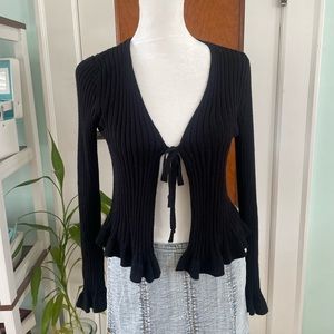 Bell sleeve front tie ribbed cardigan